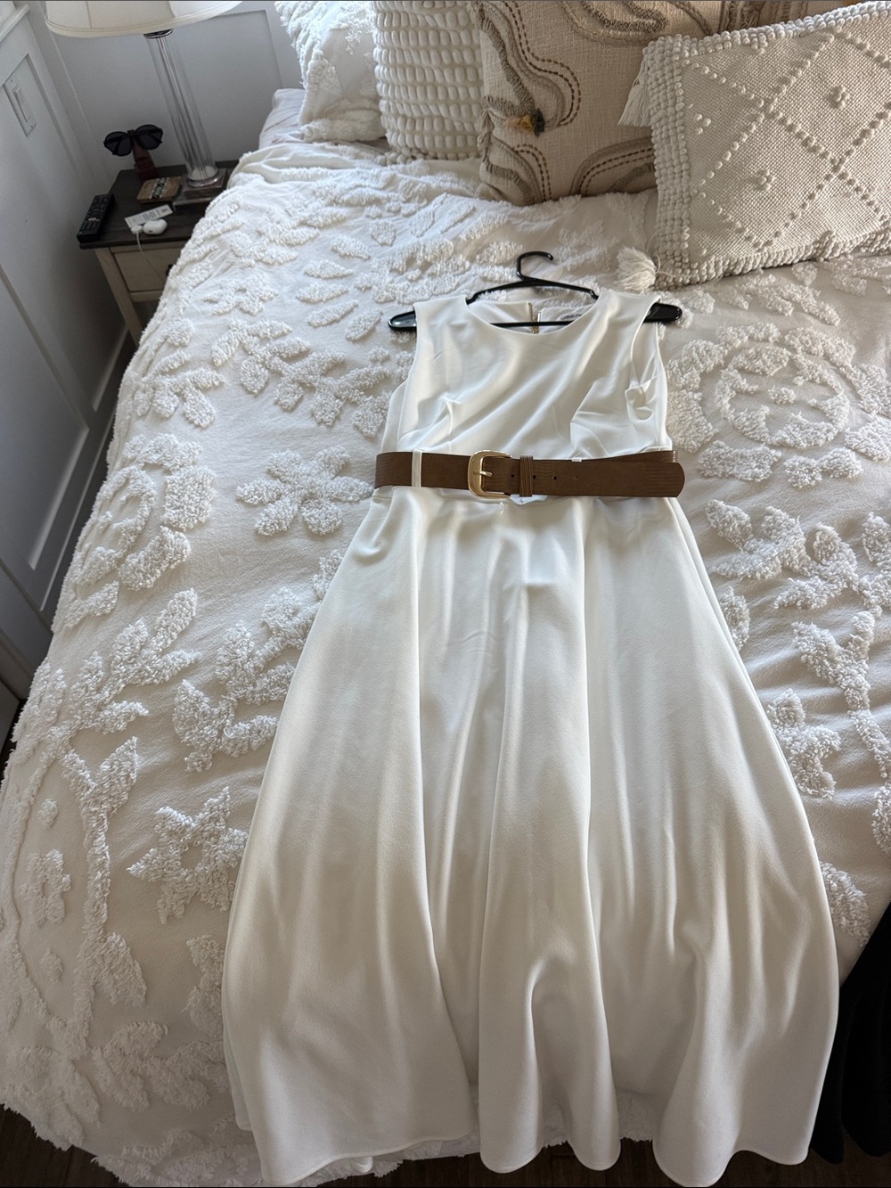 Calvin Klein White Sleeveless Fit-and-Flare Dress with Brown Belt
